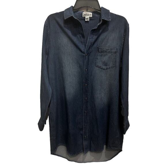 For The Republic Women’s Medium Denim Shirt Dress Button Down Pocket Minimalist - Picture 1 of 11